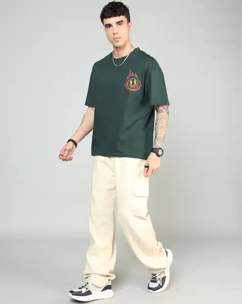 Drop Shoulder Typographic Back Print Crew Tshirt GREEN COLOUR WORLD WIDE