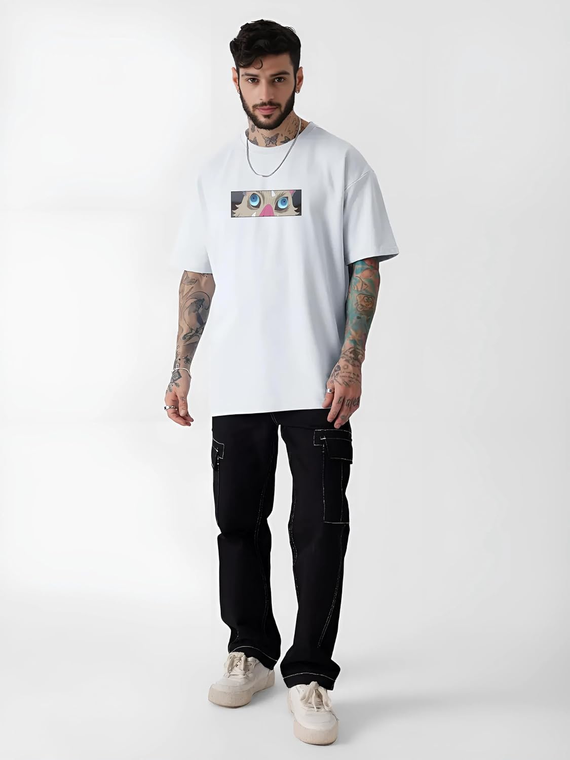 Anime Oversized T-Shirt for Men – Inosuke Hashibira Demon Slayer Graphic Print Cotton
