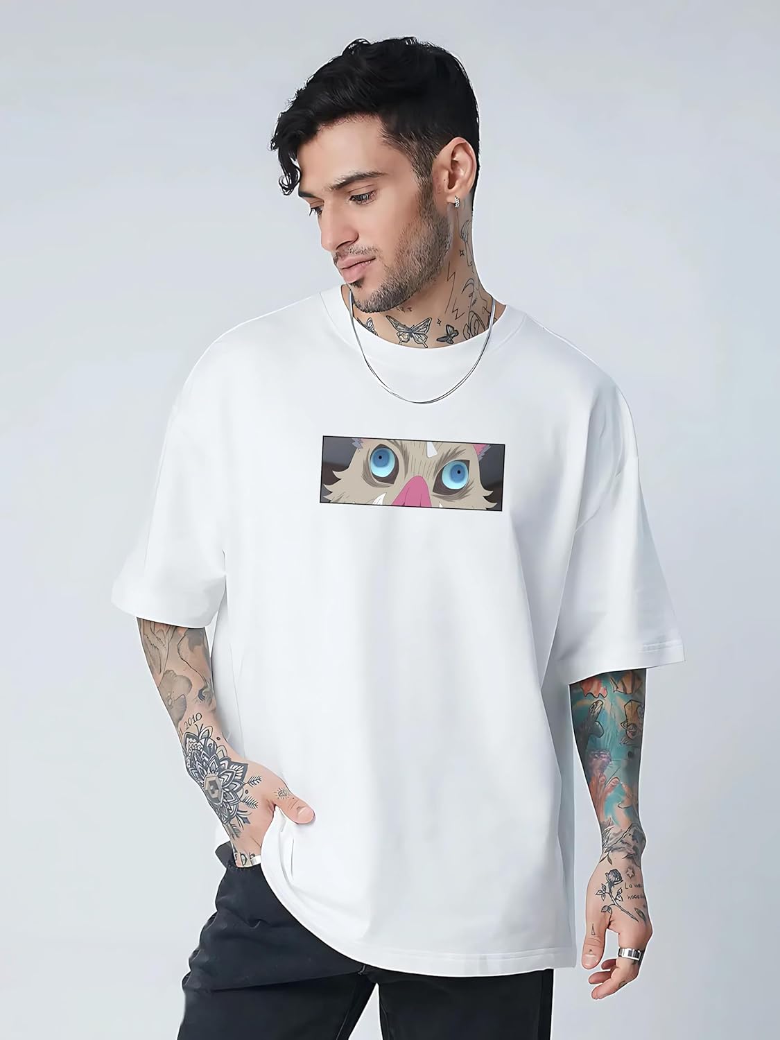 Anime Oversized T-Shirt for Men – Inosuke Hashibira Demon Slayer Graphic Print Cotton