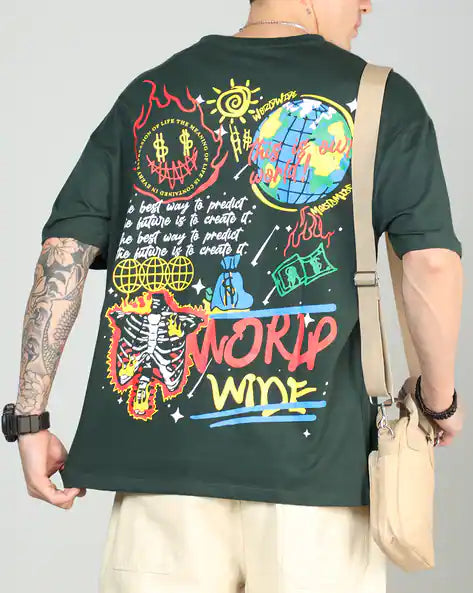 Drop Shoulder Typographic Back Print Crew Tshirt GREEN COLOUR WORLD WIDE