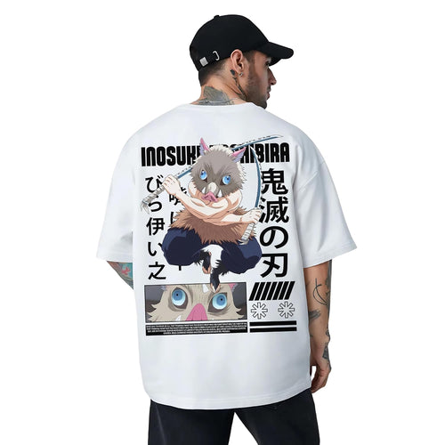 Anime Oversized T-Shirt for Men – Inosuke Hashibira Demon Slayer Graphic Print Cotton