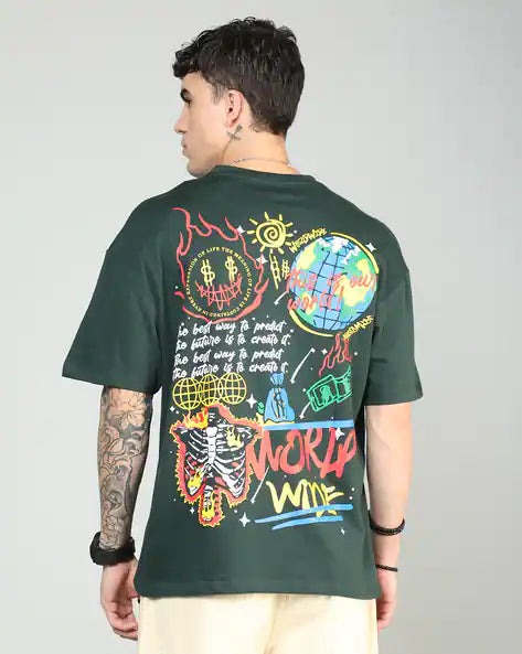 Drop Shoulder Typographic Back Print Crew Tshirt GREEN COLOUR WORLD WIDE