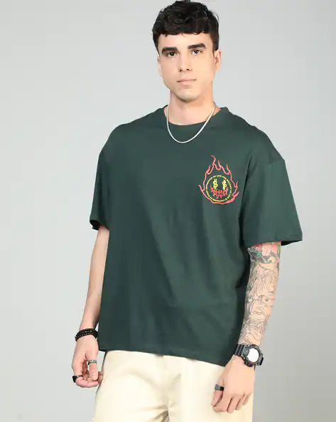 Drop Shoulder Typographic Back Print Crew Tshirt GREEN COLOUR WORLD WIDE