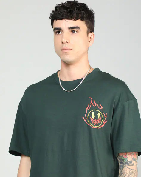 Drop Shoulder Typographic Back Print Crew Tshirt GREEN COLOUR WORLD WIDE