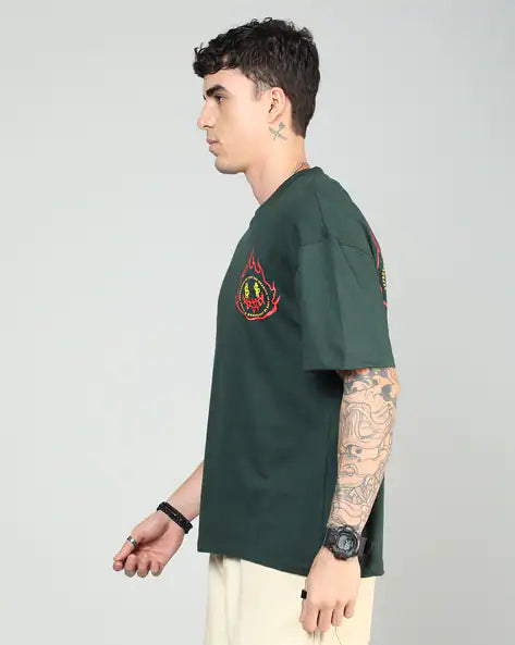 Drop Shoulder Typographic Back Print Crew Tshirt GREEN COLOUR WORLD WIDE