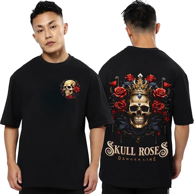 skull rose back print oversized t-shirts for men
