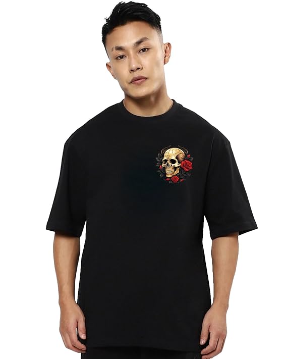 skull rose back print oversized t-shirts for men